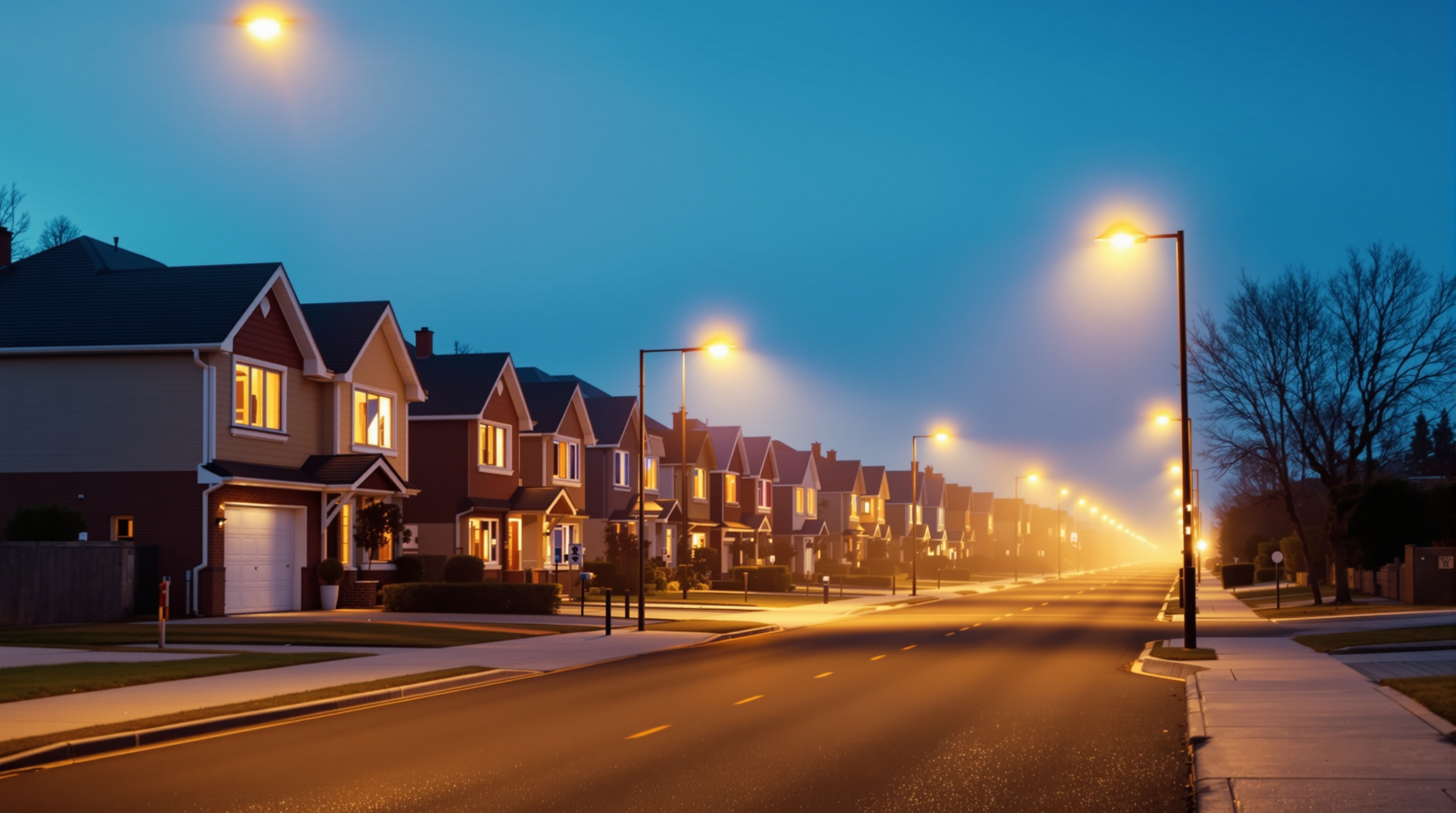 A long row of near-identical suburban houses seen straight down the street at blue hour, warm gold light in every window, receding into soft teal haze