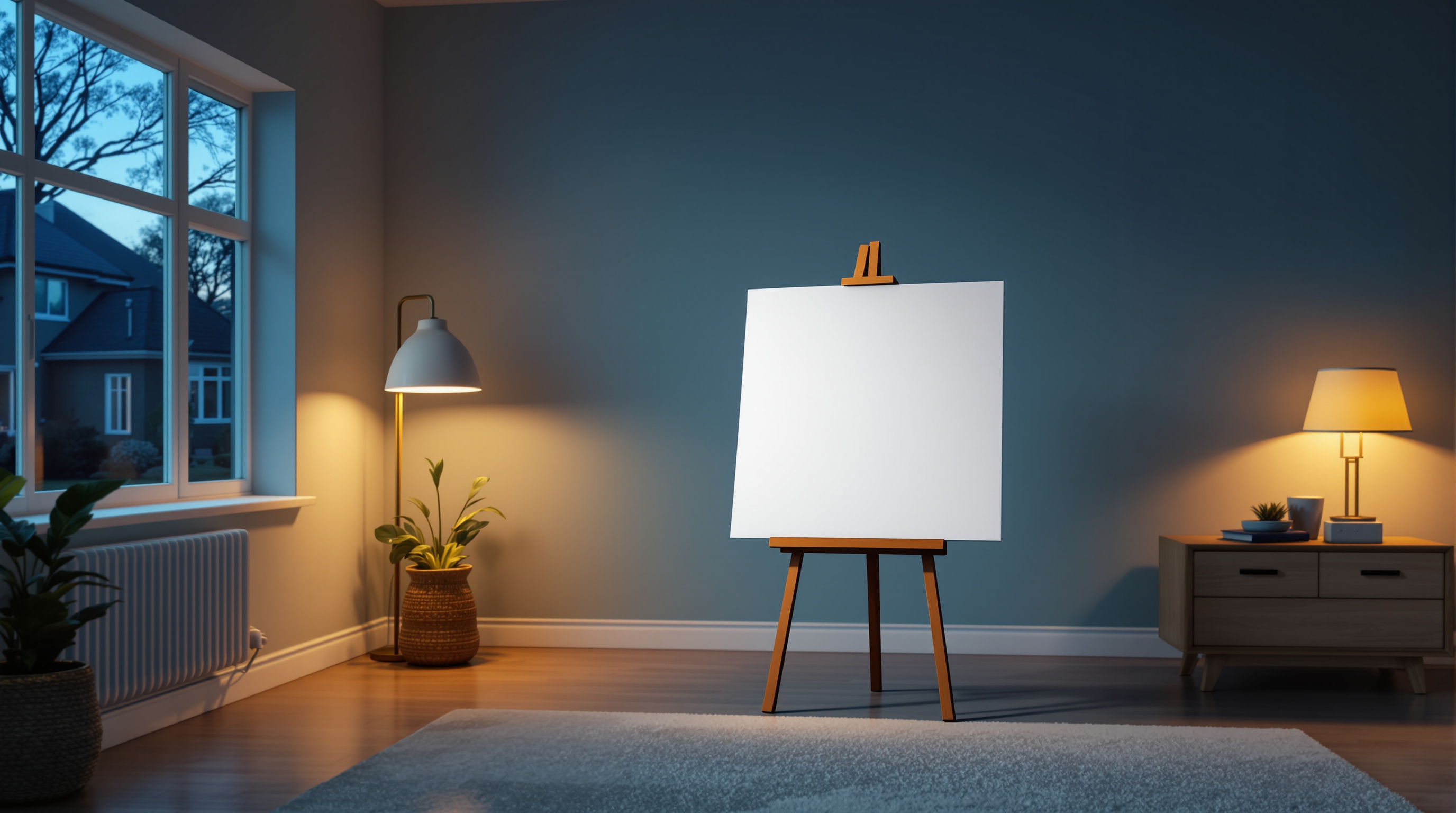 An empty staged living room at blue hour with teal light coming through a large window, warm gold lamplight in two corners, and a single wooden easel standing alone on the bare floor holding a completely blank white board