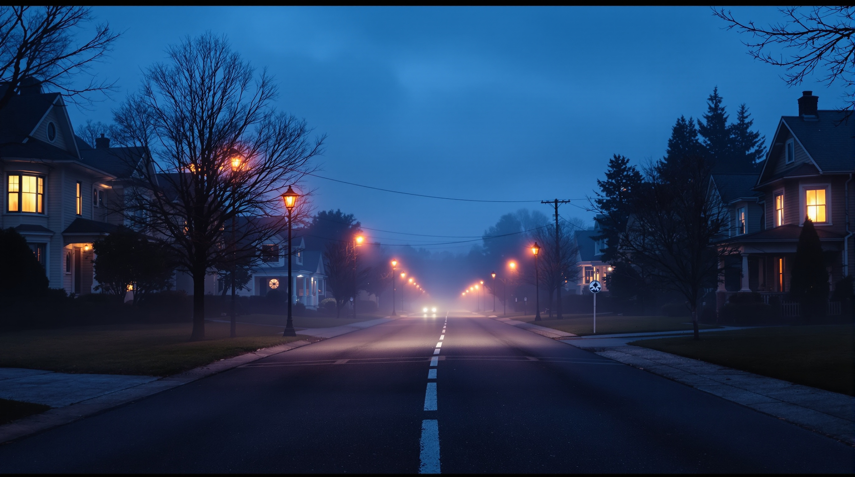 A quiet suburban street at blue hour with low ground fog rolling across the road and lawns, houses on both sides fading progressively into the mist with their windows glowing warm gold
