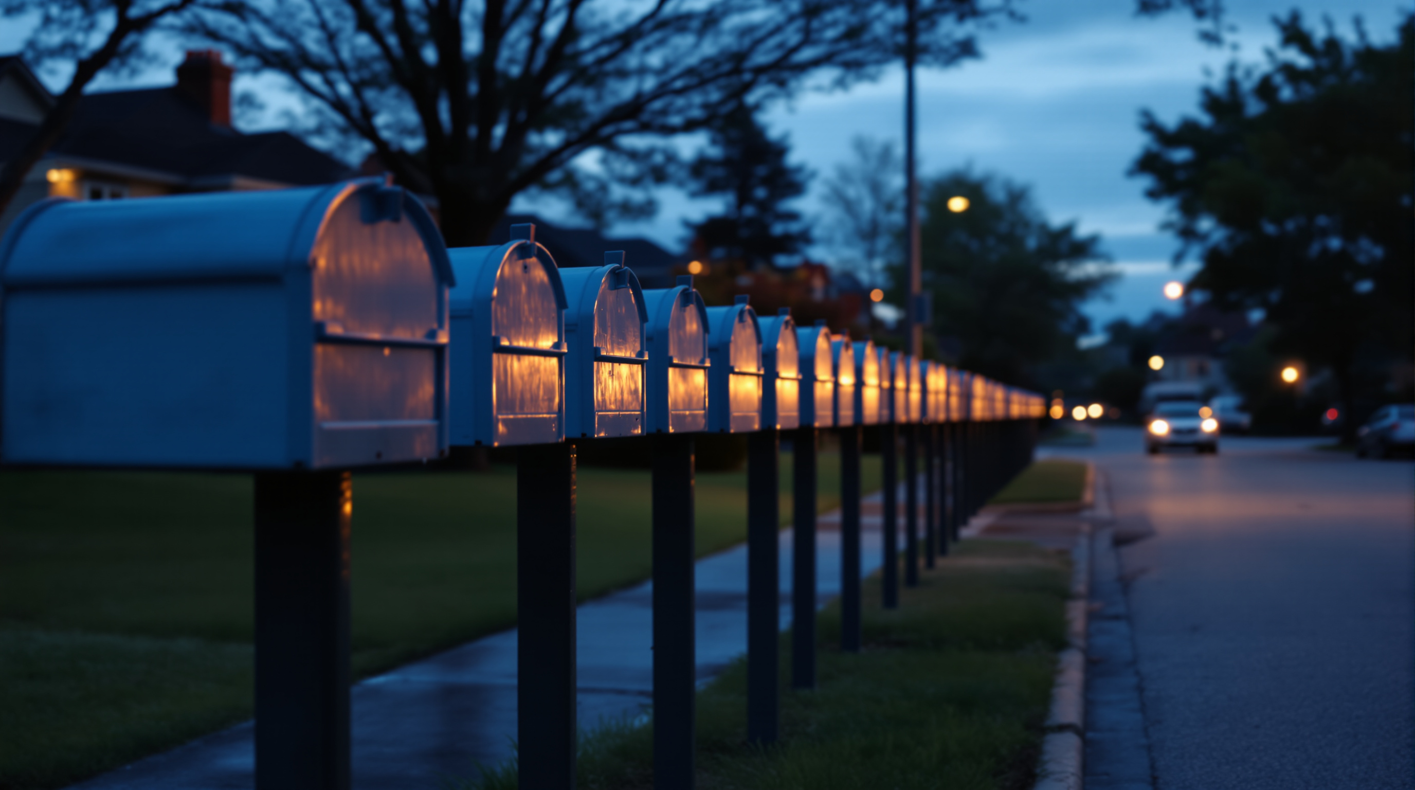 A long row of suburban mailboxes on posts along a kerb at blue hour receding into soft distance, all of their little doors hanging open and empty, warm gold light from houses across the road
