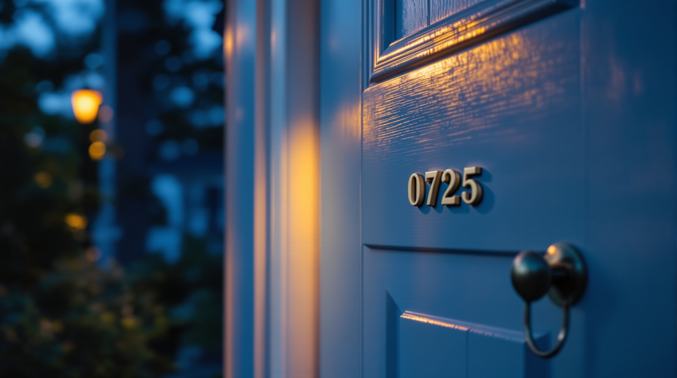 A close shallow-focus photograph of a suburban front door at blue hour, warm gold porch light raking across the panelled surface and the handle