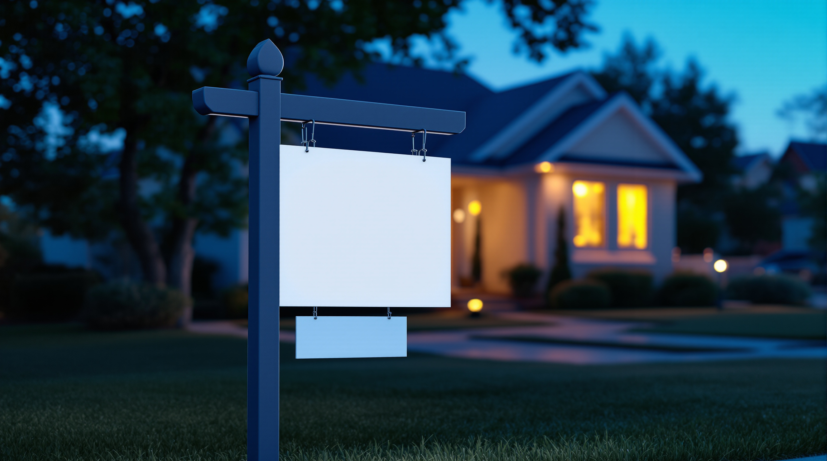 A real estate sign post standing in a front lawn at blue hour with a blank white panel and a smaller blank rider hanging beneath it, a suburban house with warmly lit windows softly out of focus behind