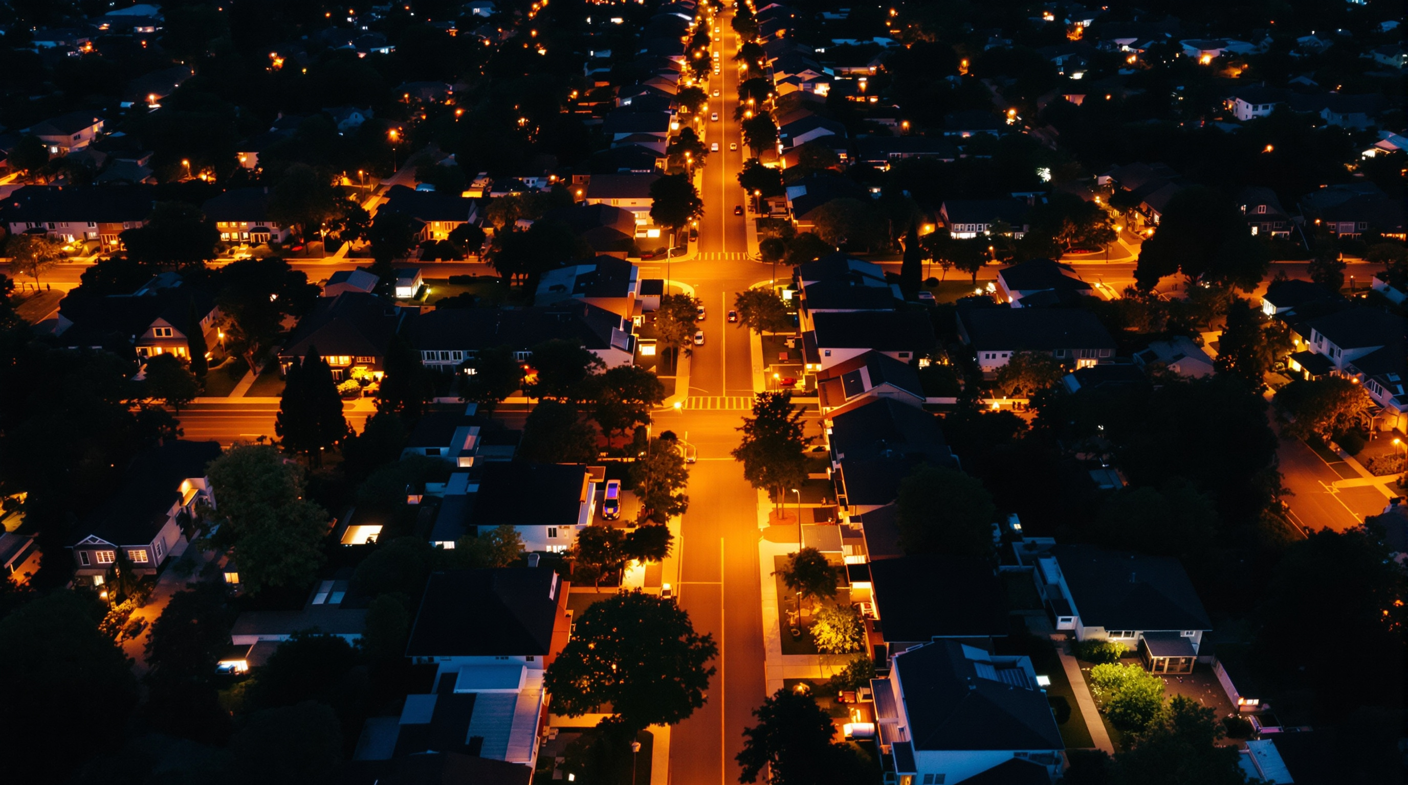 An aerial view looking down on a quiet suburban neighbourhood at night, streets laid out in a grid with warm amber street lamps running along them in regular lines, dark rooftops and tree canopies between the roads, and no people anywhere
