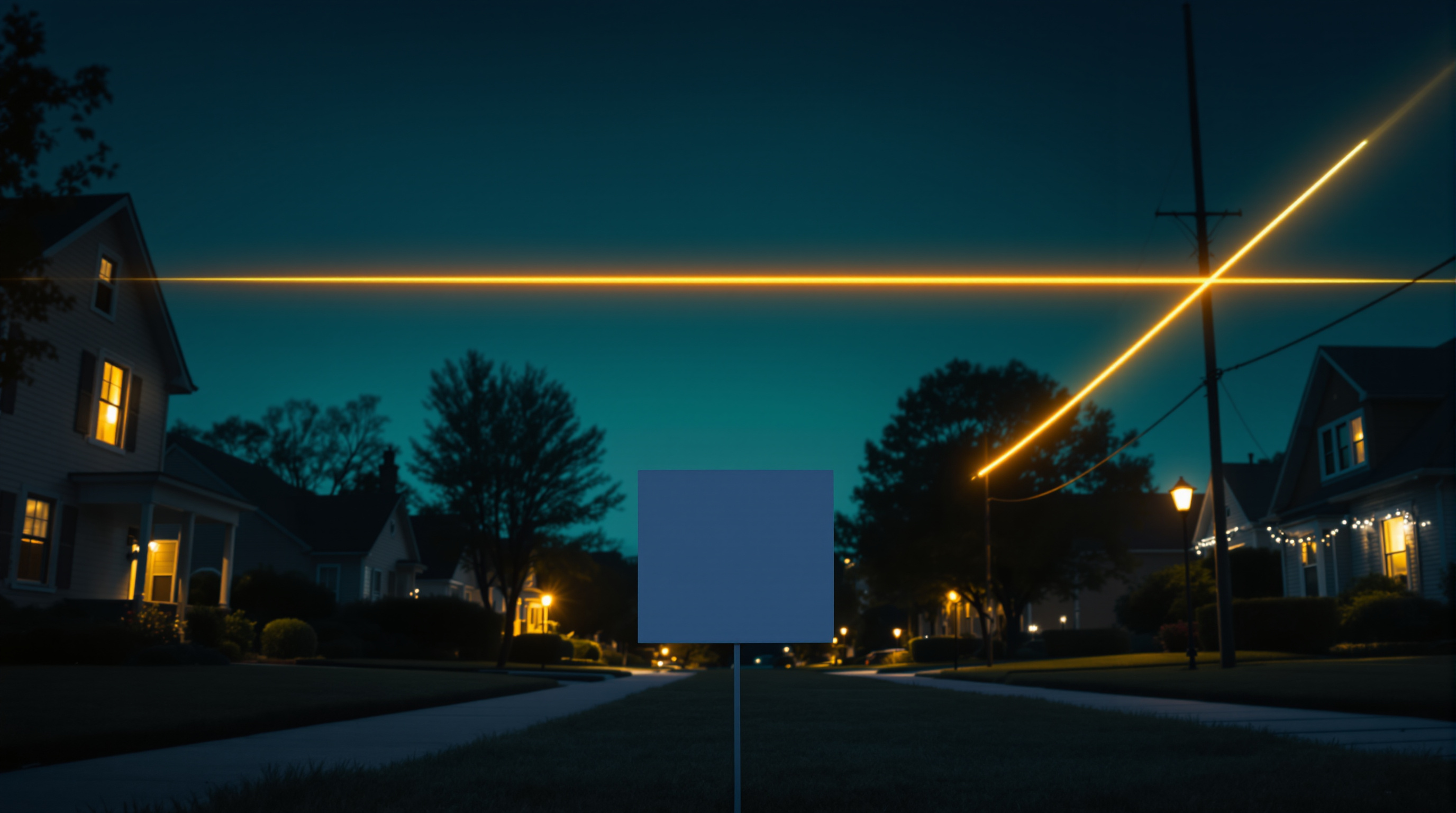 A single blank real estate yard sign stands alone on a suburban lawn at blue hour, warmly lit houses receding down the street on both sides, and two glowing lines crossing the deep teal sky above the rooftops, one running level across the frame and one climbing away from it toward the upper right