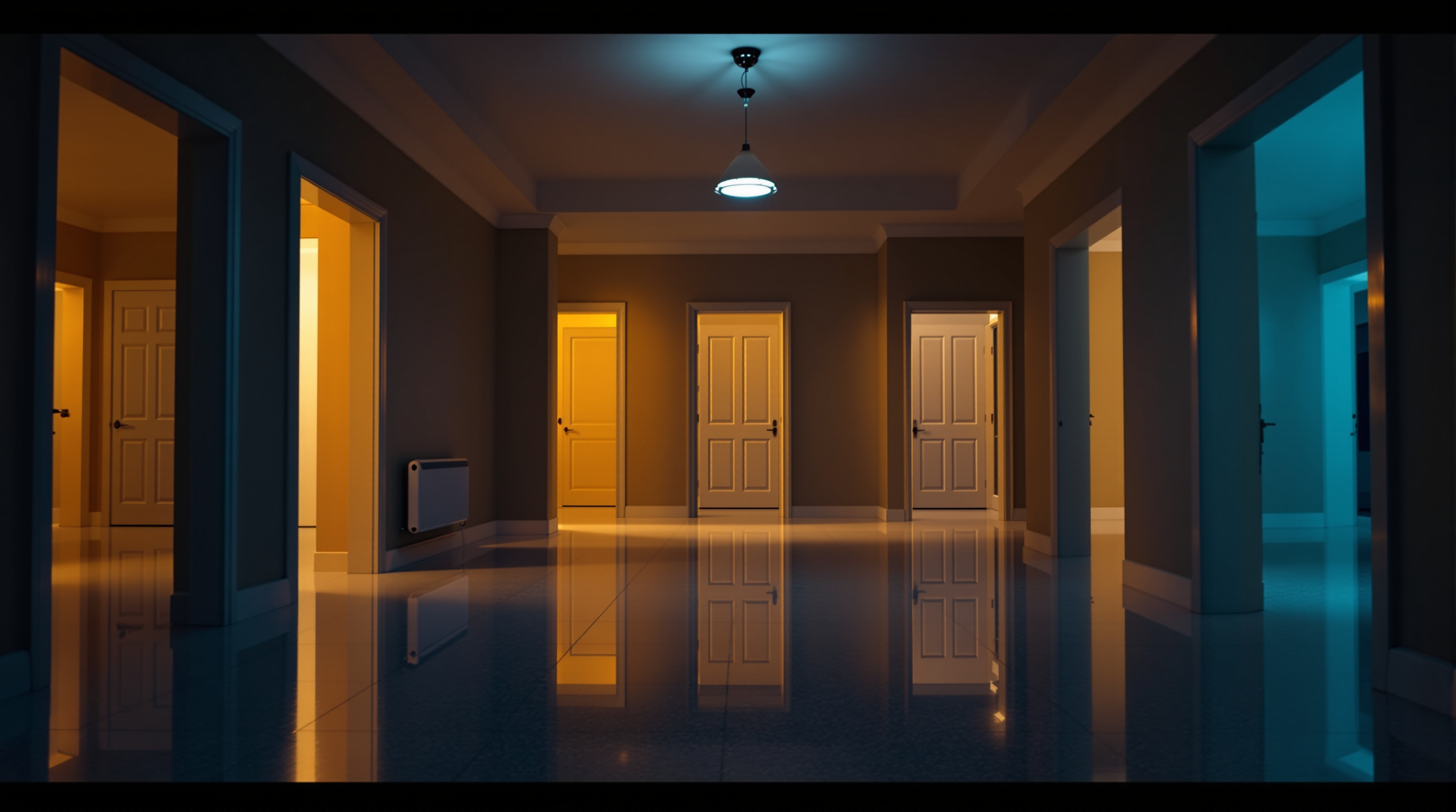 An empty entrance hall inside a suburban house at blue hour with several doorways leading off it, warm gold light spilling from some and cool teal from others, on a bare polished floor