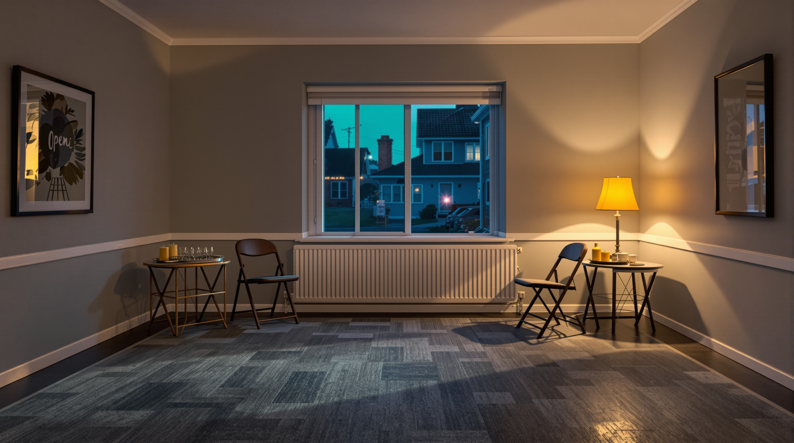 An empty open house room at blue hour with a small circle of folding chairs, an untouched tray of glasses on a side table, cool teal light through the window and one warm lamp still burning