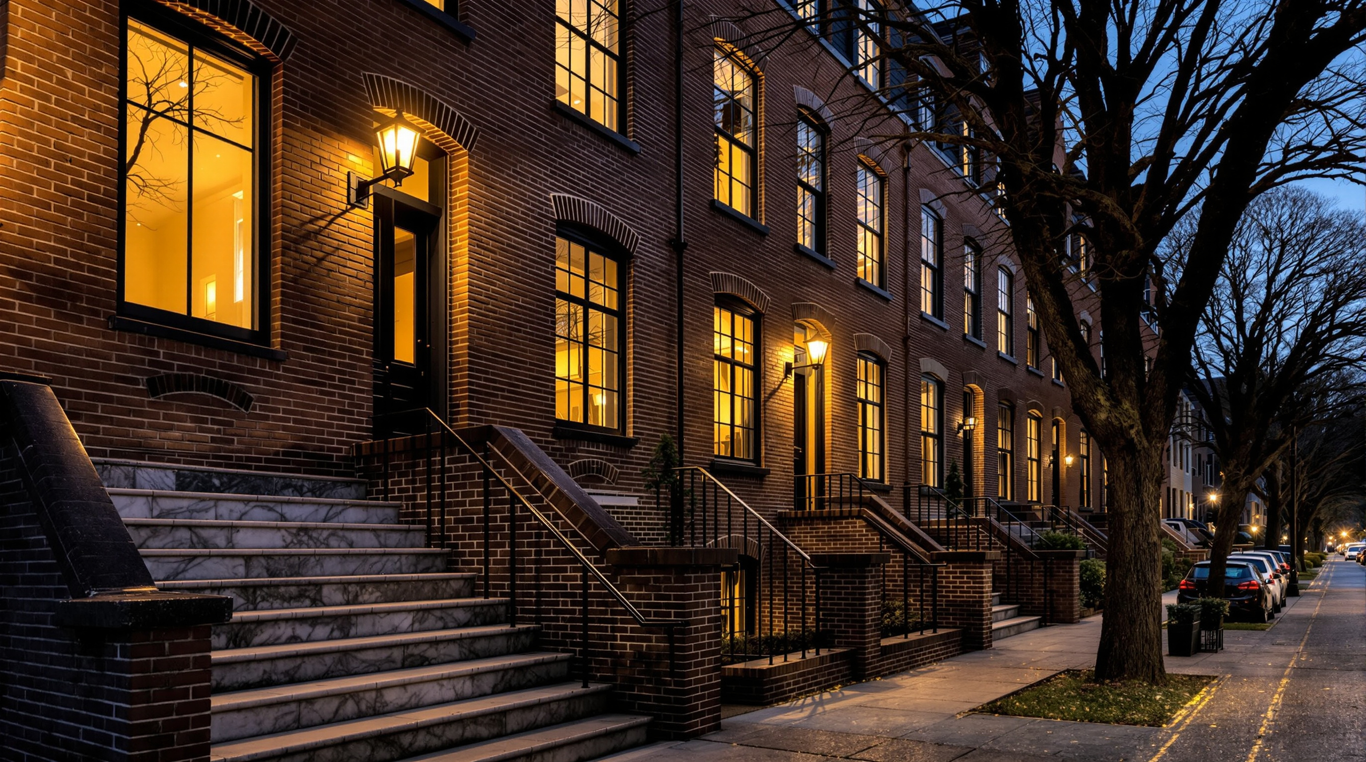A row of narrow brick rowhouses photographed from across the street at blue hour, the whole terrace receding into bare trees, warm gold light in the windows of empty unoccupied rooms, worn marble front steps, iron railings and a few parked cars along an empty kerb