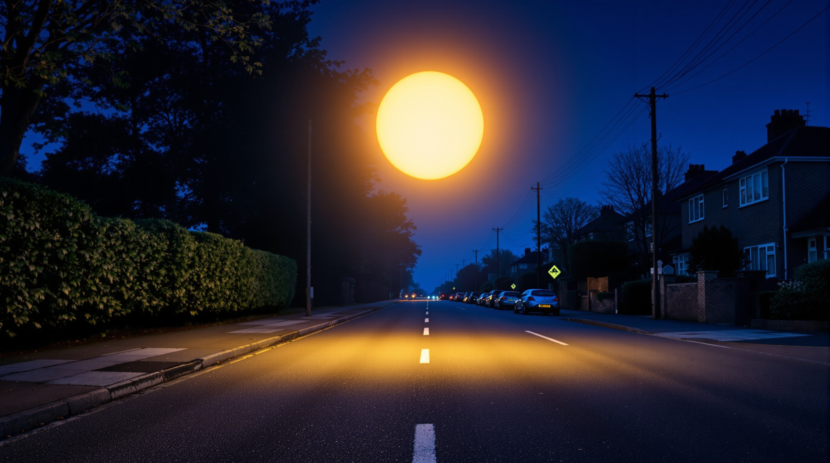 A quiet suburban street at blue hour with a single smooth glowing orb of warm amber light hovering above the empty road, casting soft light onto the tarmac and the nearest hedges