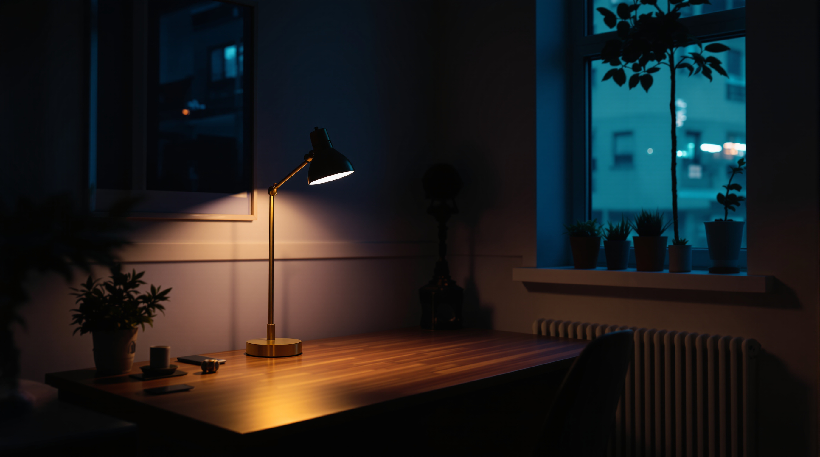 A home office corner at blue hour with an empty chair pushed back from a bare wooden desk, a single anglepoise lamp burning warm gold over the empty desktop and cool teal light through the window