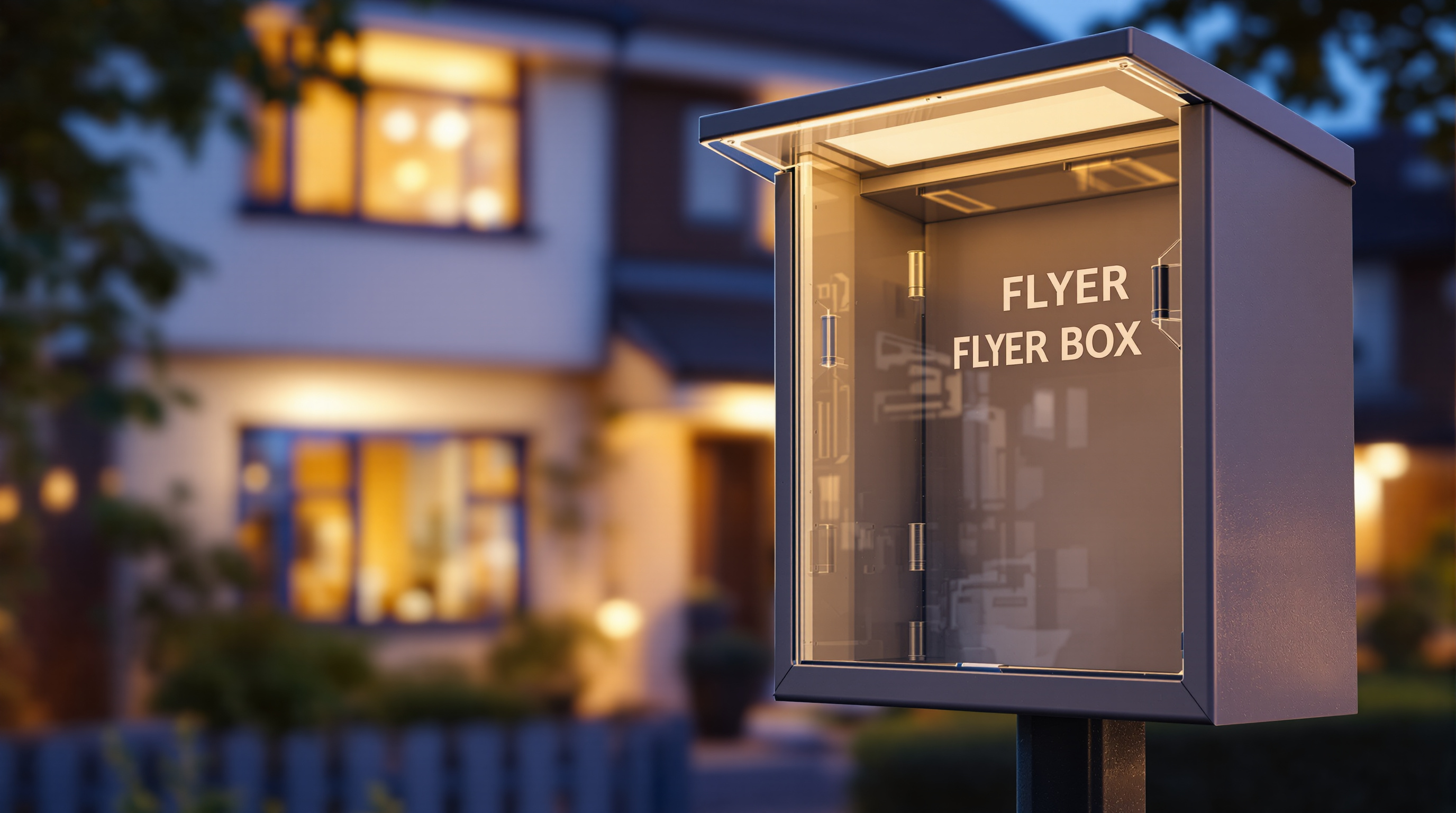 A weatherproof flyer box mounted on a post in a front garden at blue hour with its clear lid open and the box empty, a suburban house softly out of focus behind it with warm lit windows