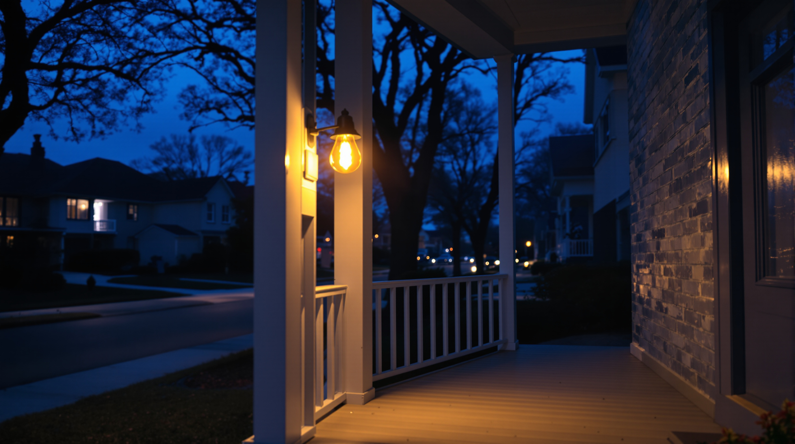 A suburban front porch at blue hour seen from the pavement with one bare bulb porch light burning warm gold over an empty painted step, neighbouring houses receding along the street