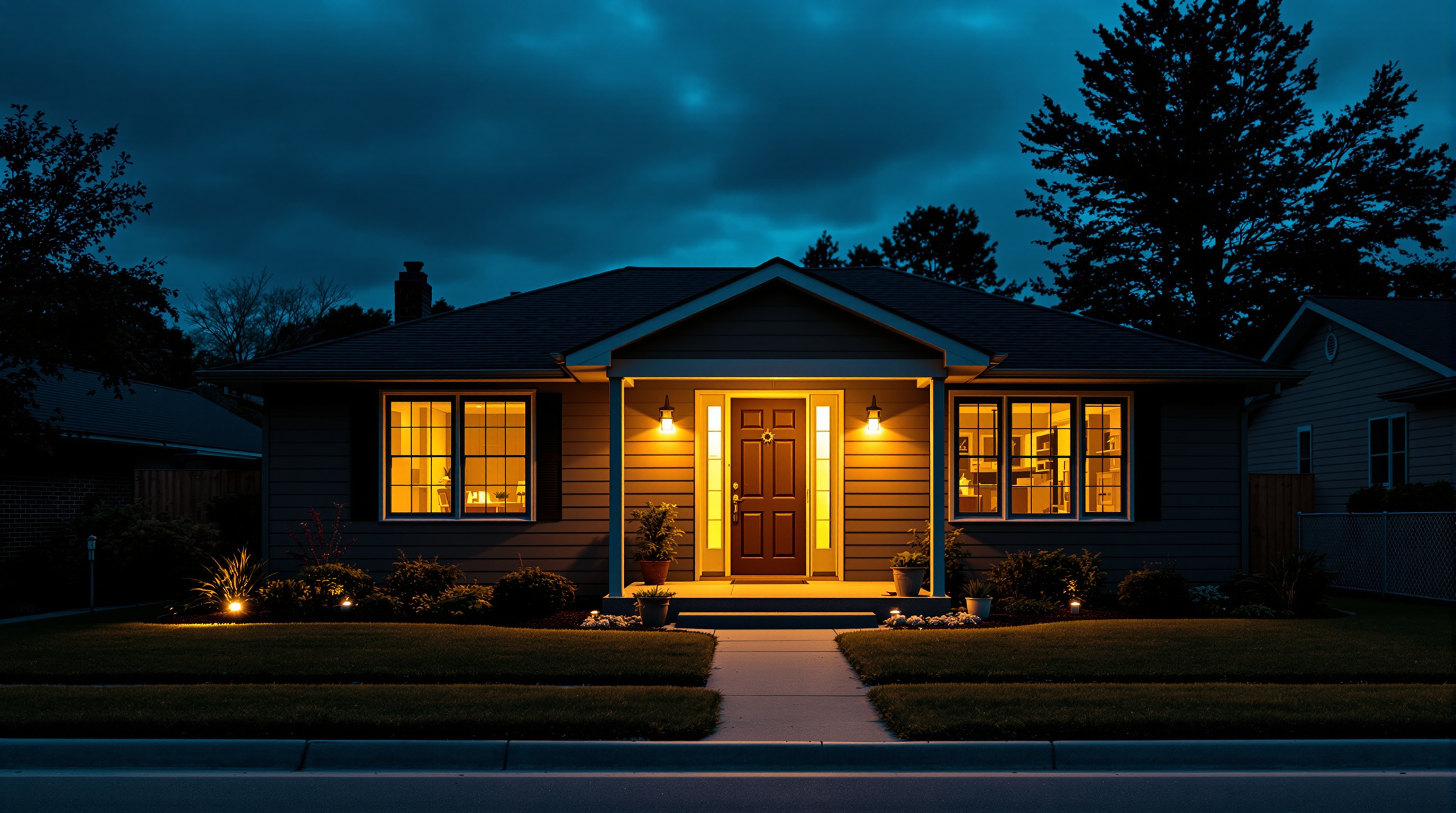 A single storey suburban house photographed from the pavement at blue hour with its porch lights and interior lights on, a lit front path and clipped lawn in front of it, dark trees and a deep blue clouded sky behind the roofline, and nobody anywhere in the frame