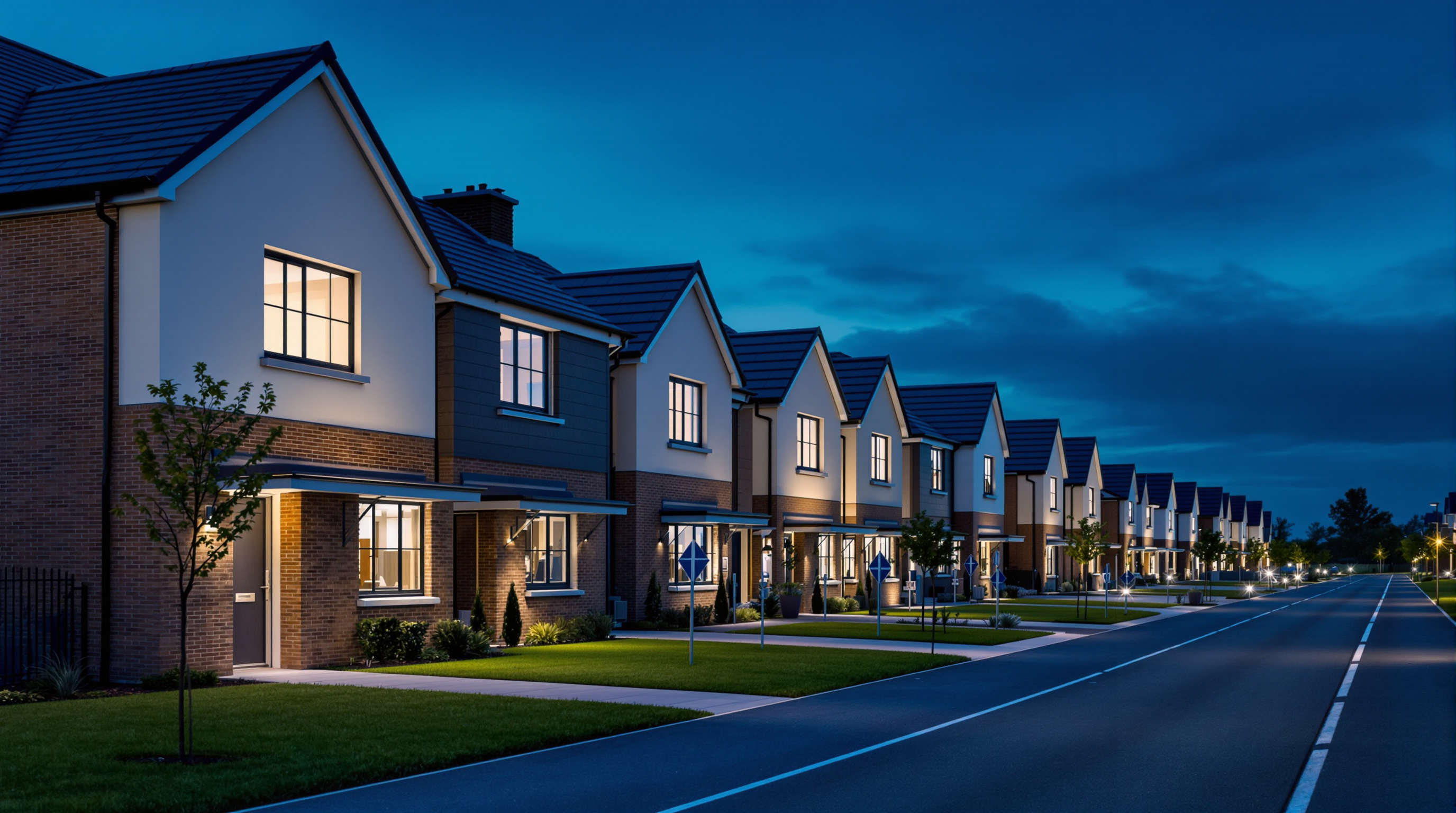 A row of brand new identical houses on a development at blue hour photographed at a slight angle so they repeat into the distance, every facade the same, bare turf lawns and a cool teal sky