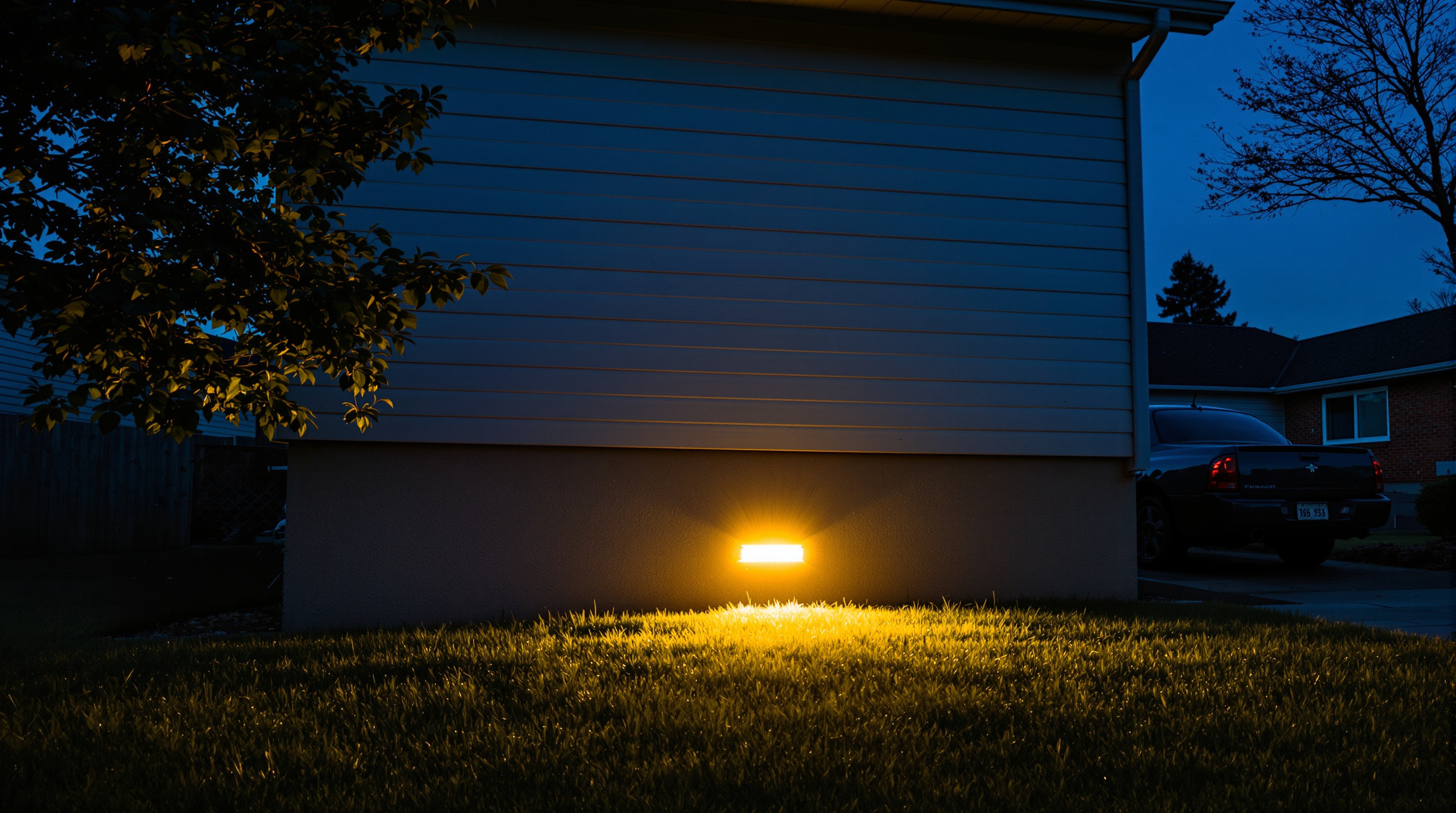 A suburban house photographed from the garden at blue hour, dark and quiet, with a single basement window at ground level glowing warm gold and spilling light across the grass