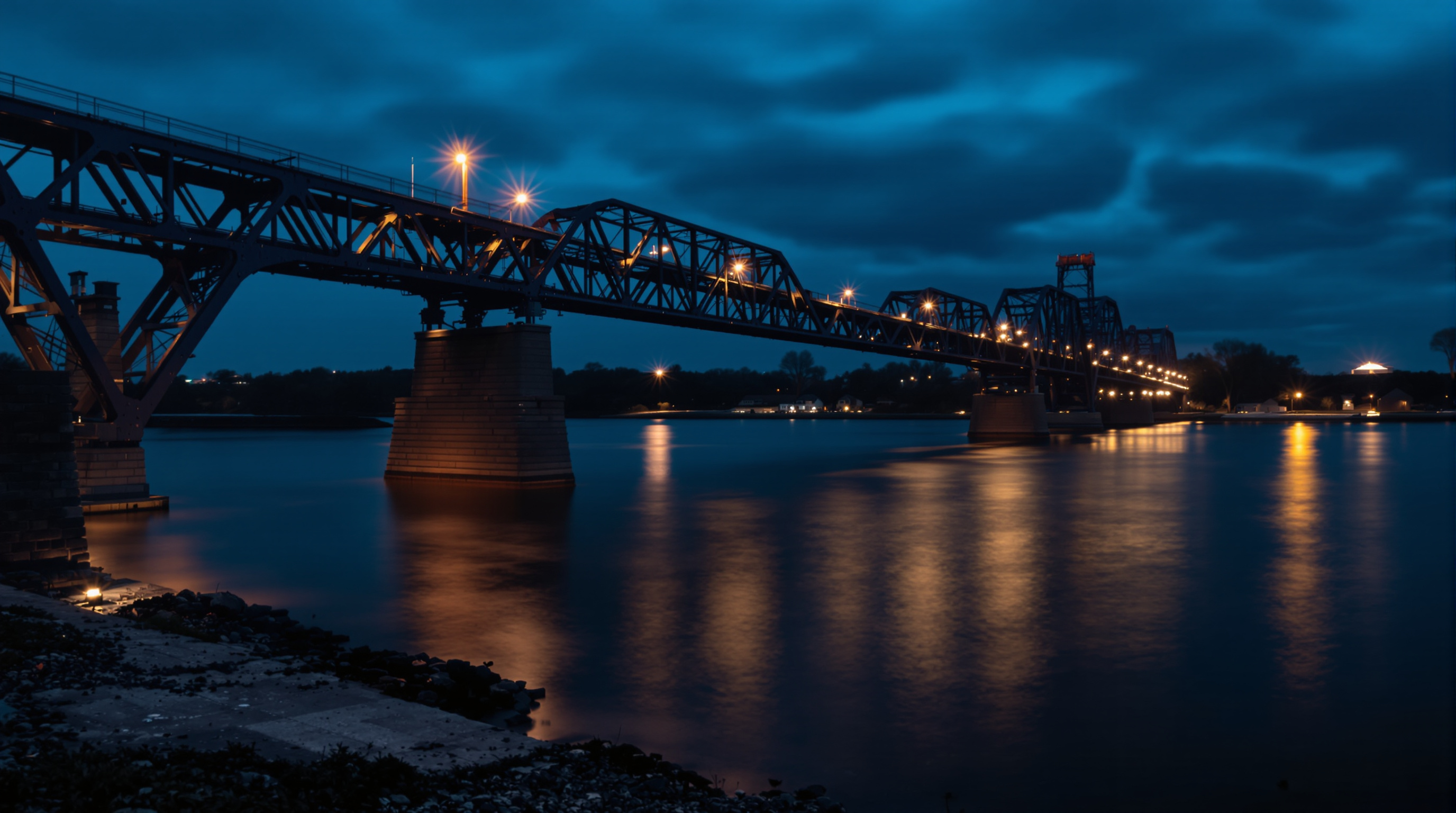 A long steel truss bridge at blue hour photographed from a dark rocky riverbank, its span lit by a line of amber lamps that reflect in the wide still water, with a low far shore of small buildings and trees under a deep blue clouded sky