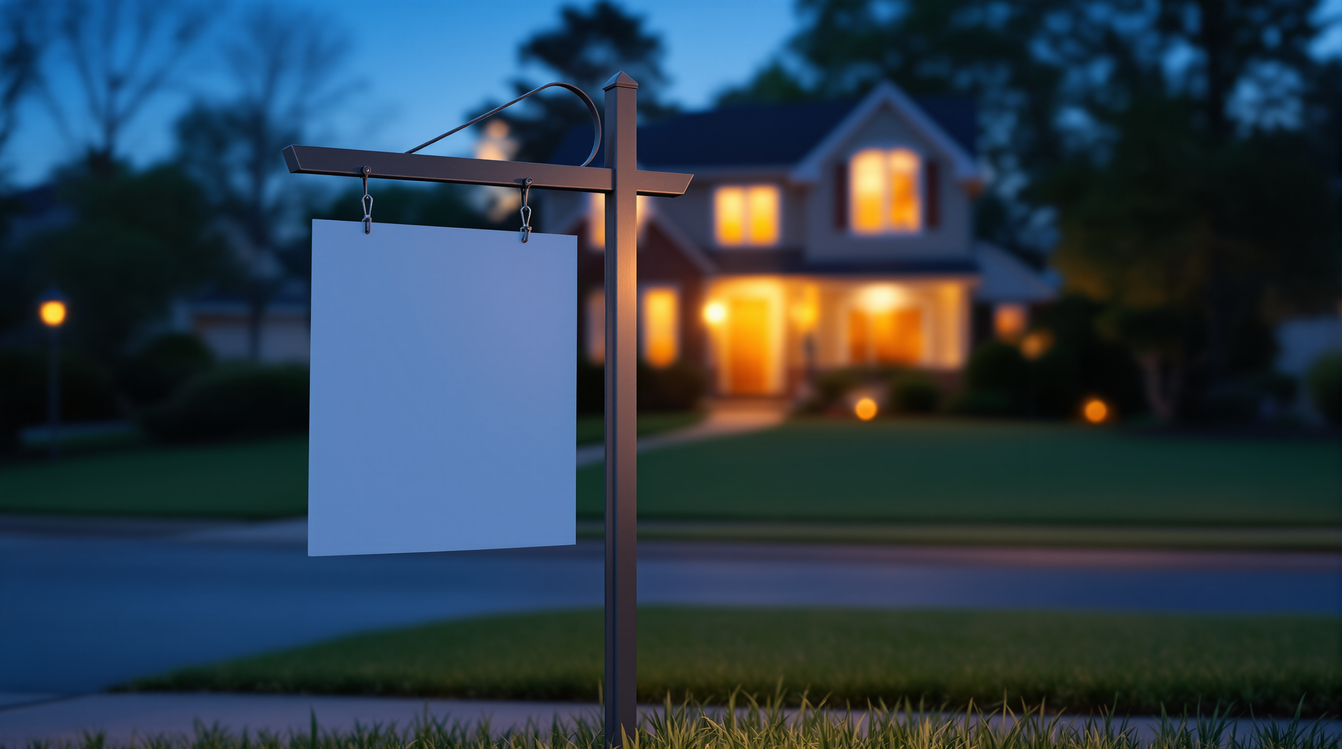An empty metal sign post standing alone in a front lawn at blue hour with nothing hanging from it, just the bare frame and two empty hooks, a suburban house with warm lit windows out of focus behind